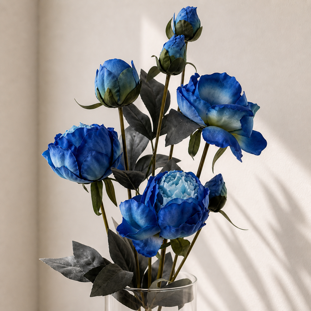 55cm Blue Peony Artificial Flowers Spray 4 Flowers 3 Buds