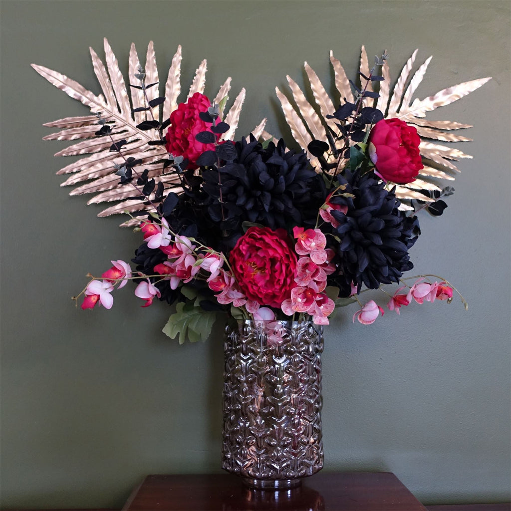 80cm Artificial Gold Palm and Peony Glass Vase
