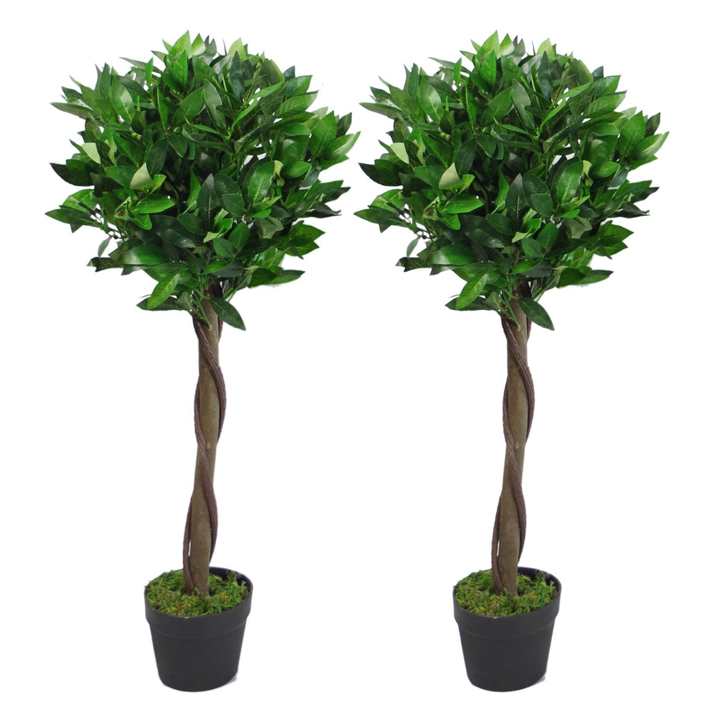 Pair of 90cm Twisted Stem Artificial Topiary Bay Laurel Ball Trees