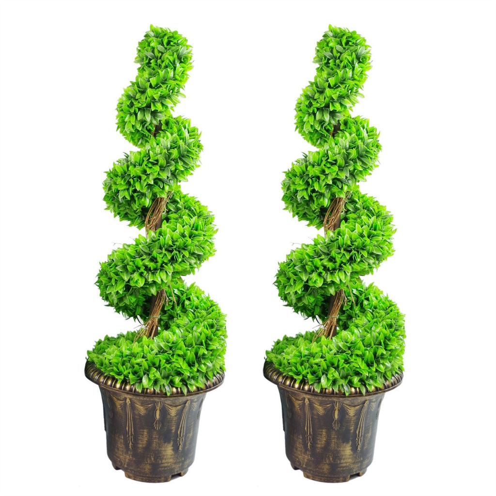 90cm Artificial Pair of Green Leaf Spiral Topiary Trees with Planters