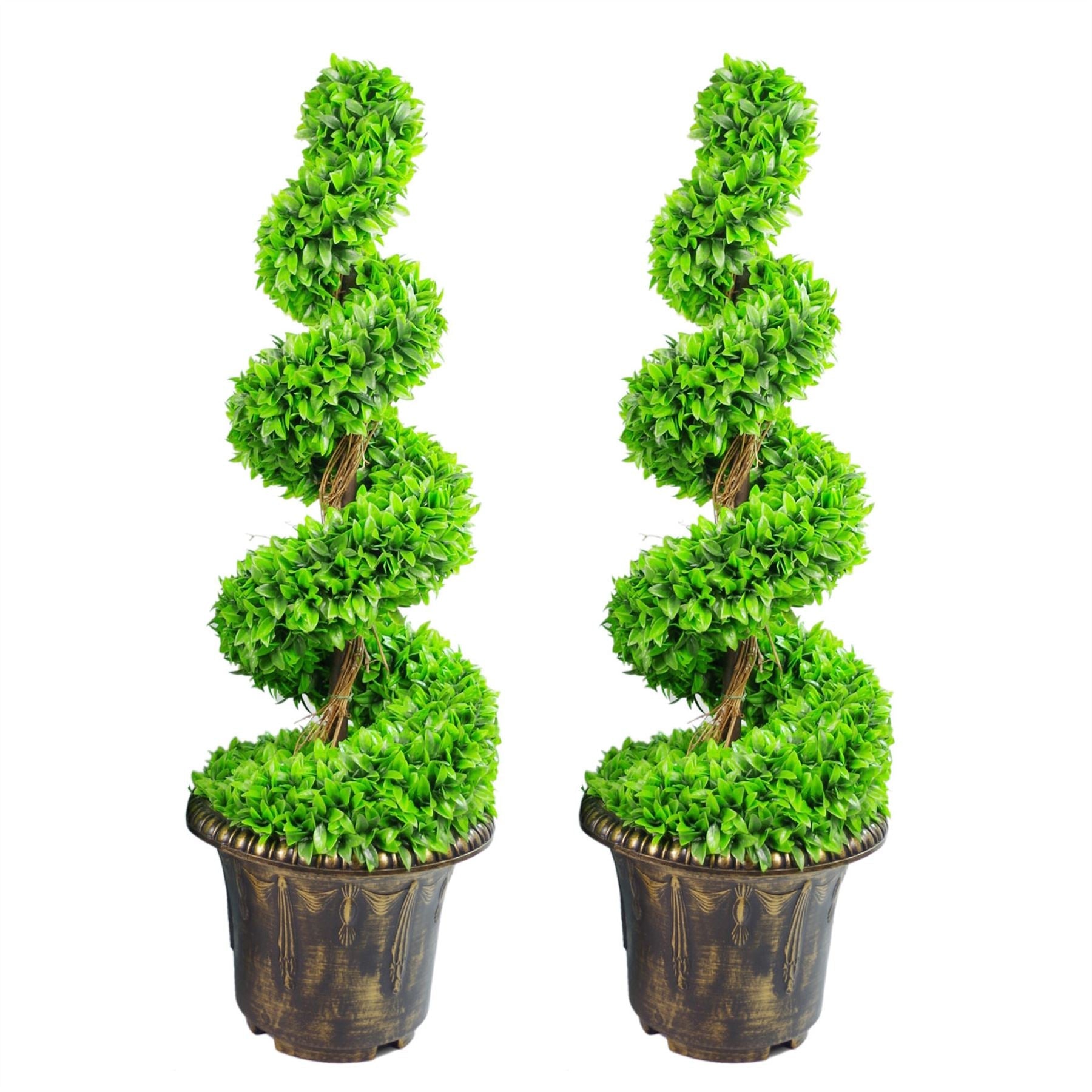 90cm Artificial Pair of Green Leaf Spiral Topiary Trees with Planters