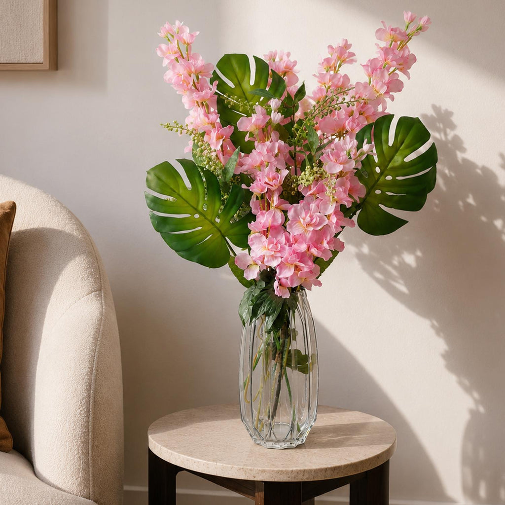 60cm Artificial Pink Delphinium Tropical with Glass Vase