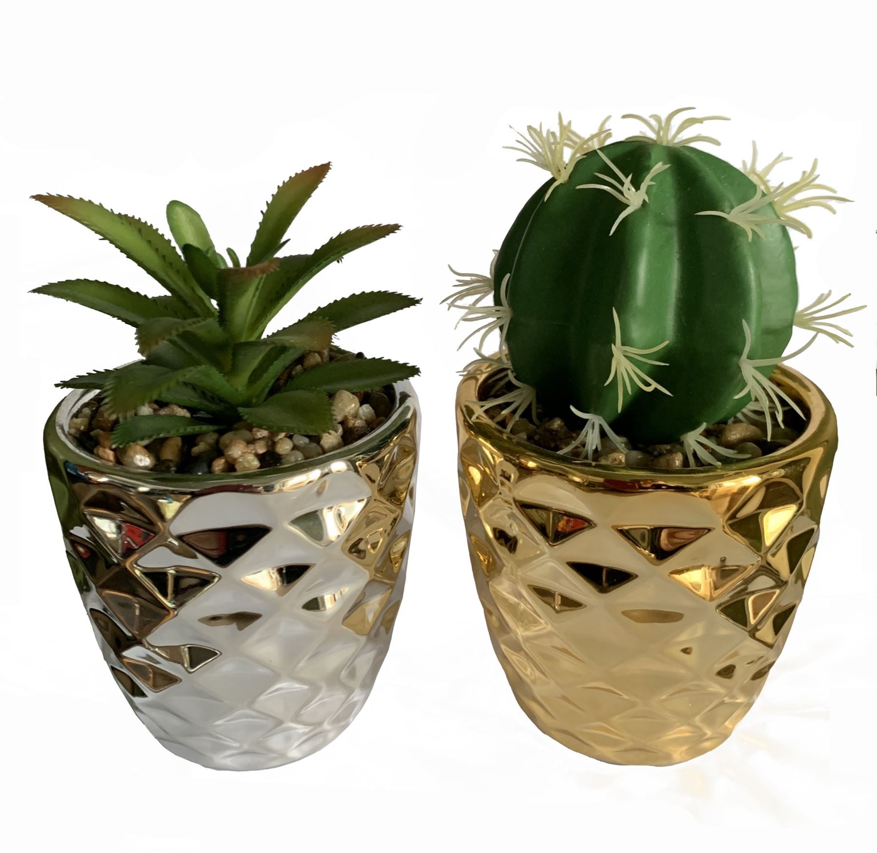 Artificial 15cm Set of Two Silver Gold Ceramic Planters Cactus