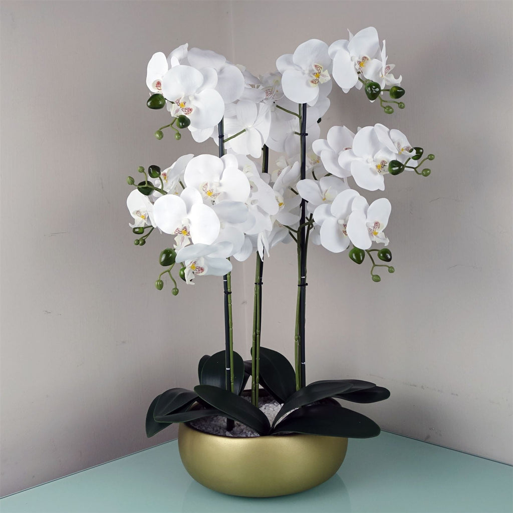 Artificial 60cm Orchid White Gold Ceramic Planter