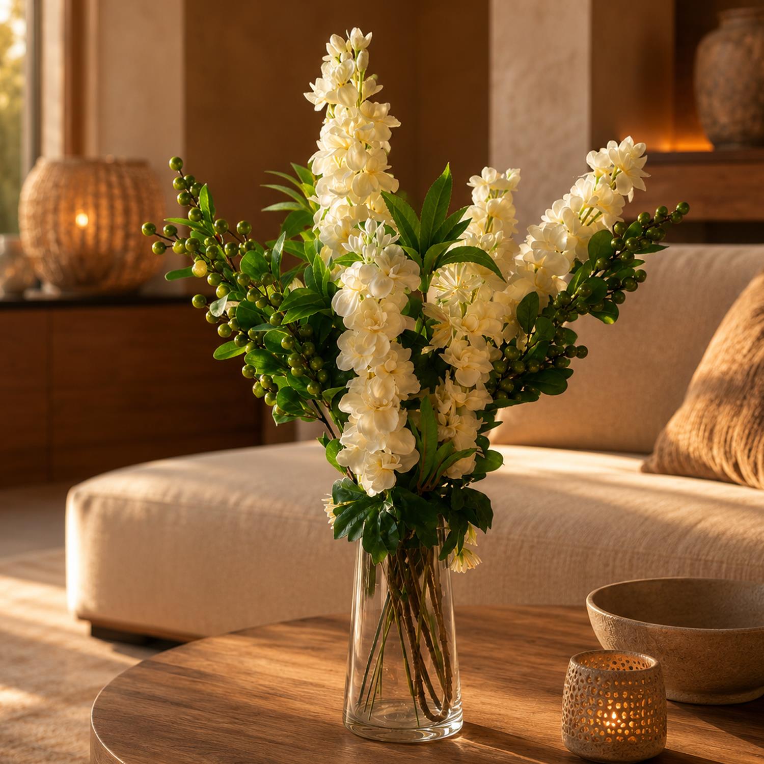 60cm Artificial Berry Delphinium Cream Flower Mix Glass Vase