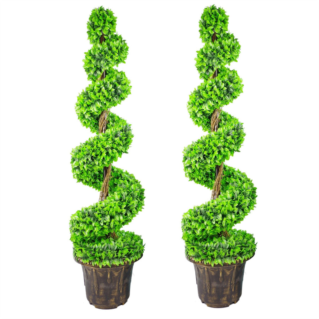 120cm Artificial Pair of Green Leaf Spiral Topiary Trees with Planters