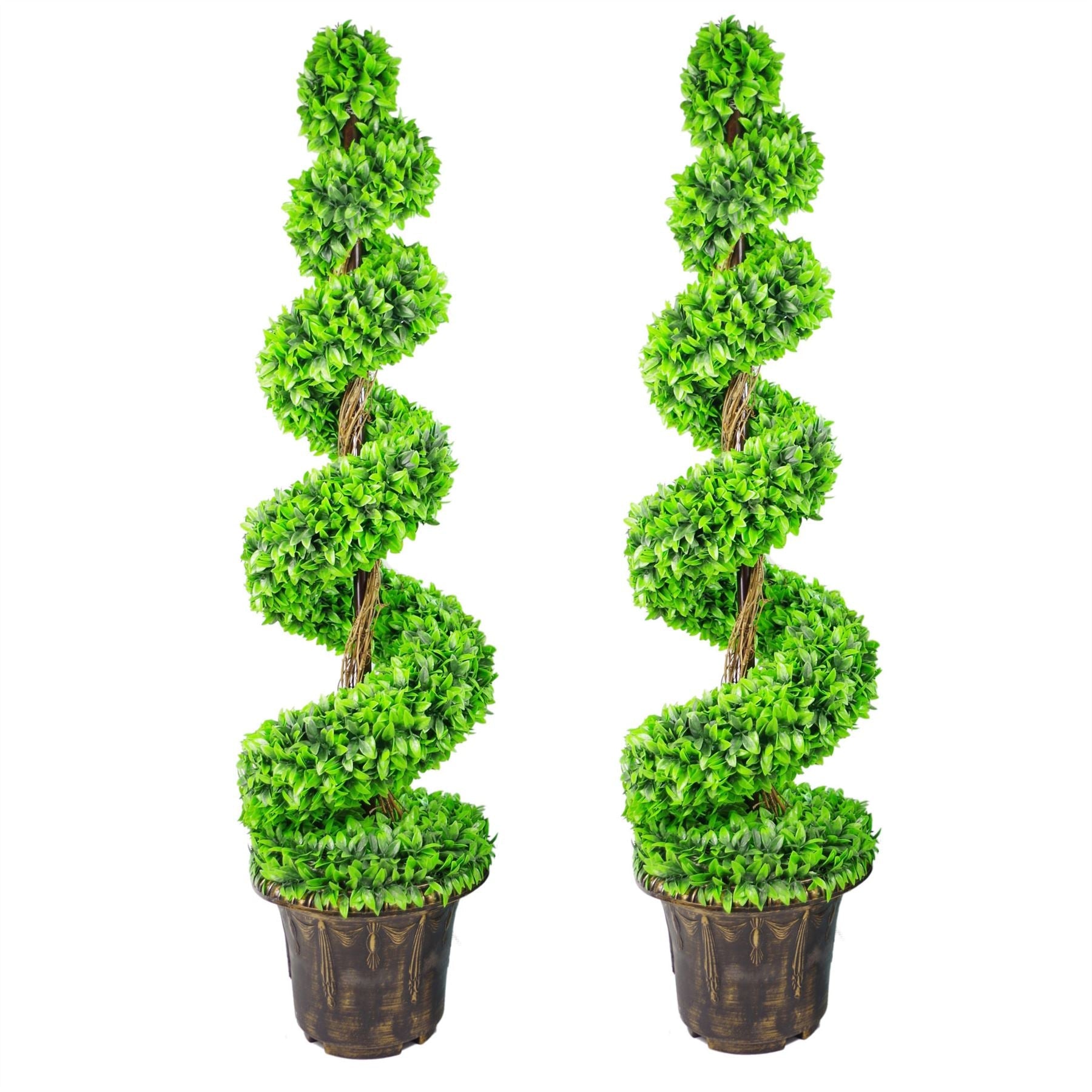 120cm Artificial Pair of Green Leaf Spiral Topiary Trees with Planters