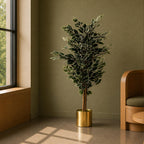 130cm Artificial Variegated White/Green Bushy Ficus Tree Gold Planter