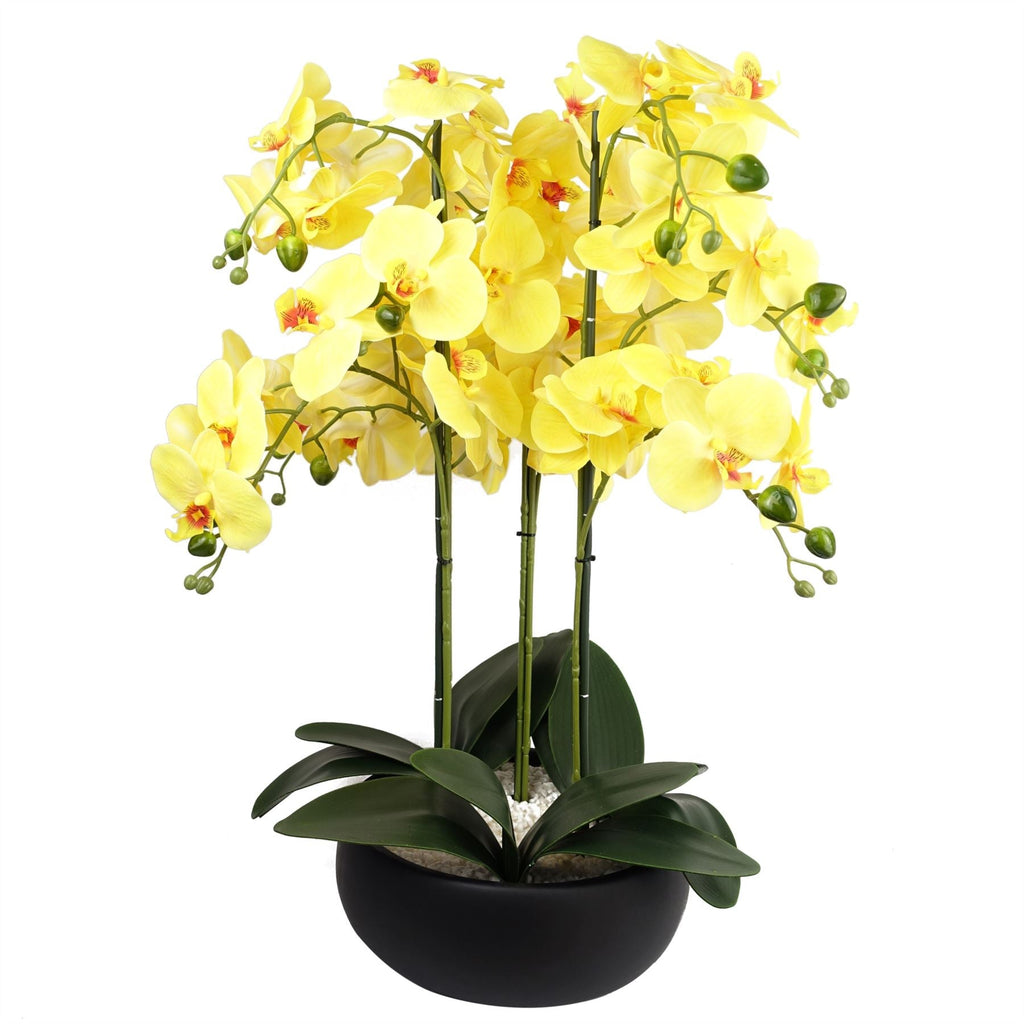 Artificial 60cm Orchid Yellow Black Ceramic Planter