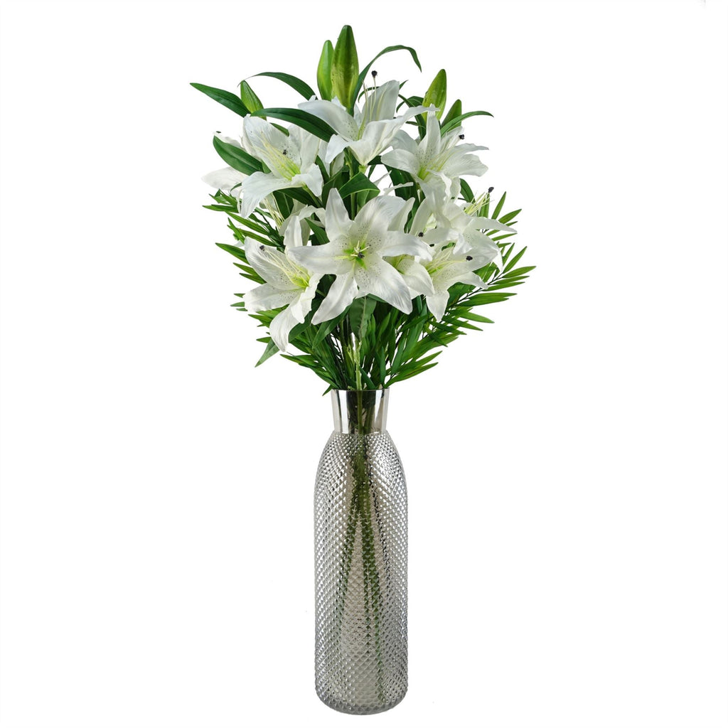 100cm Artificial White Lily and Fern Display Glass Vase
