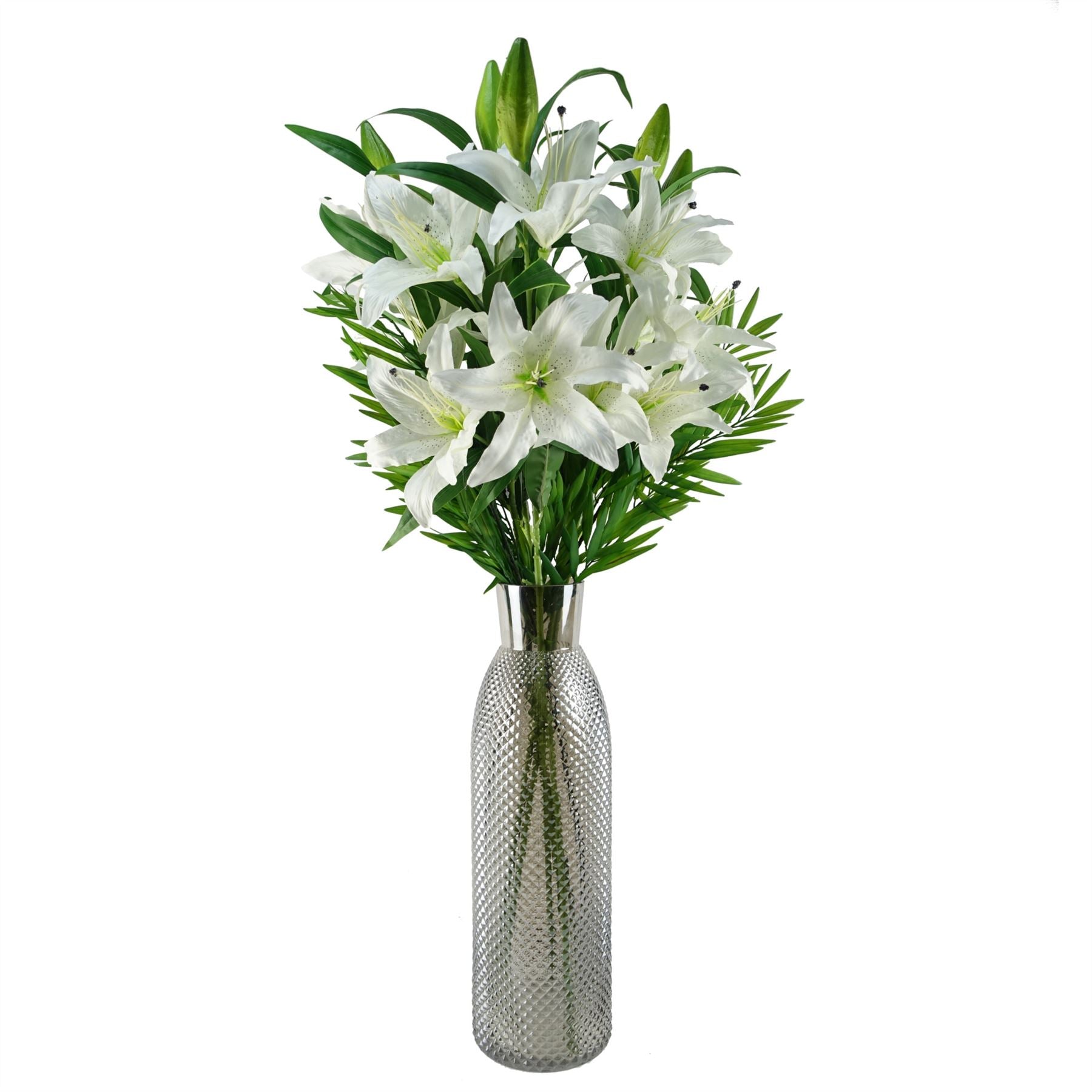 100cm Artificial White Lily and Fern Display Glass Vase