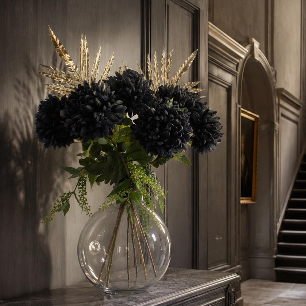 95cm Artificial Black Chrysanthemum Bundle Glass Ball Vase
