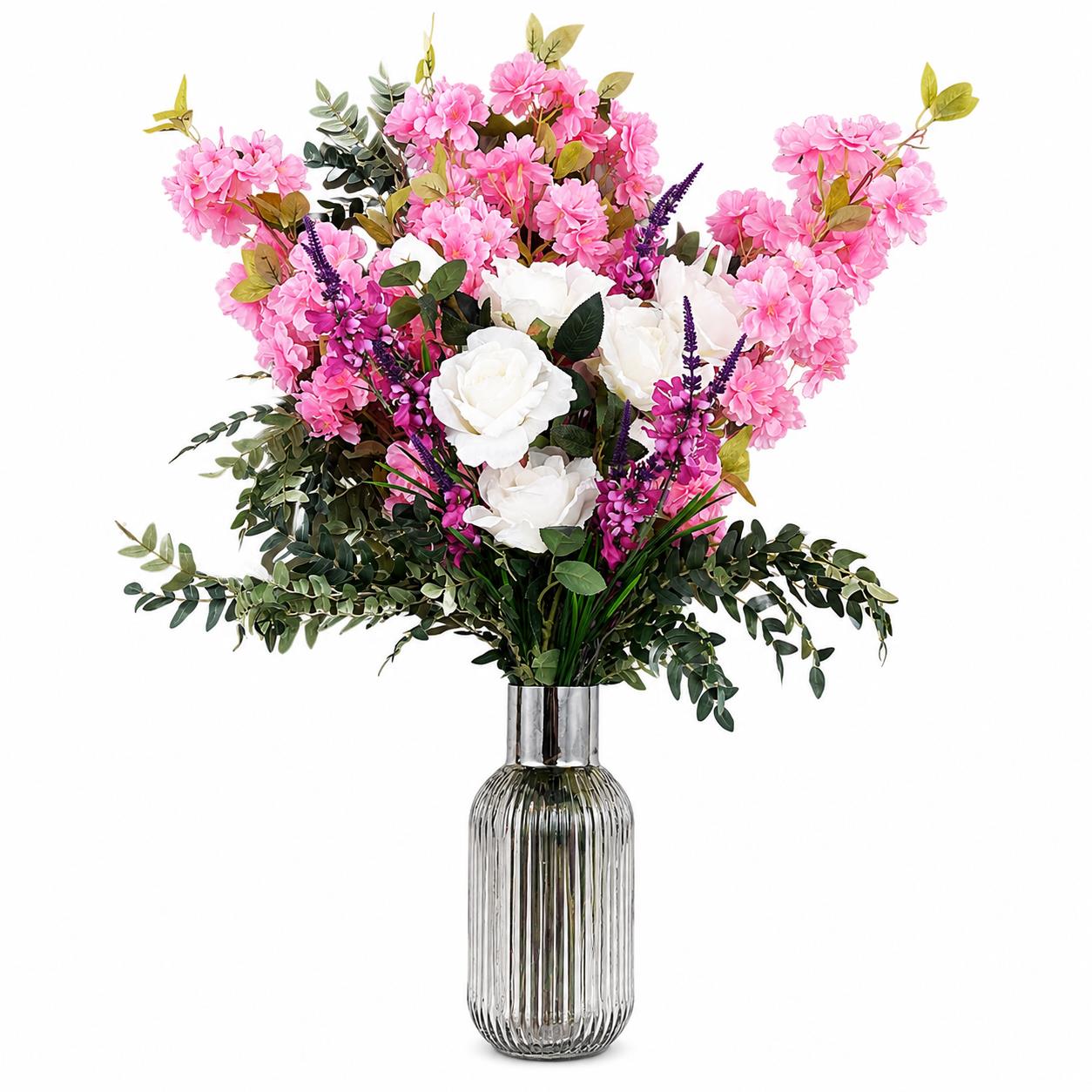 100cm Artificial Pink Blossom White Rose Arrangement Glass Vase