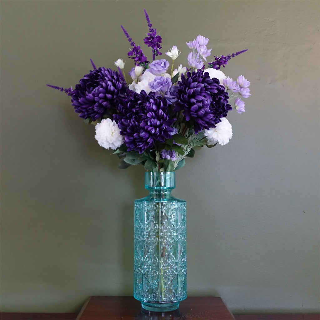 80cm Artificial Purple Chrysanthemum Arrangement Glass Vase
