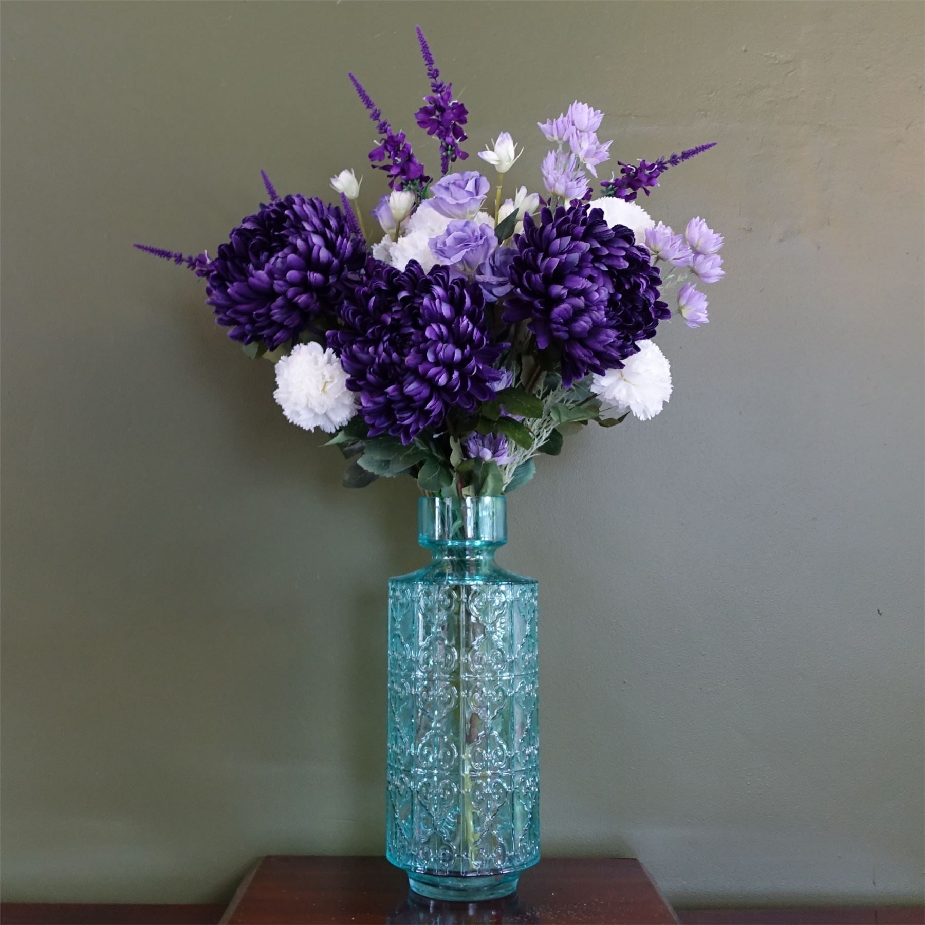 80cm Artificial Purple Chrysanthemum Arrangement Glass Vase