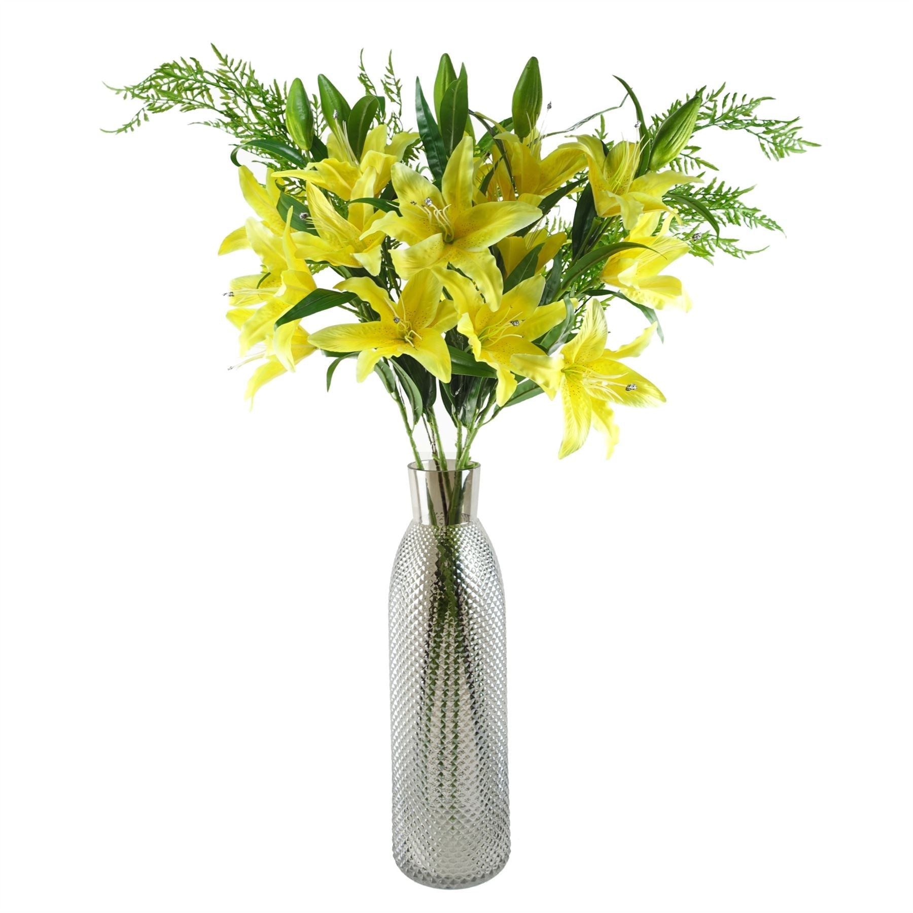 100cm Artificial Yellow Lily and Fern Display Glass Vase