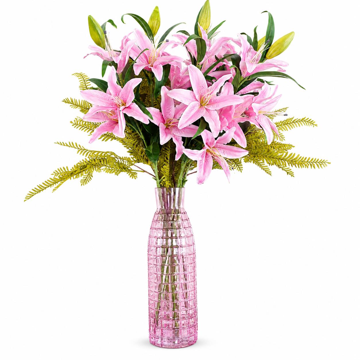 100cm Artificial Pink Lily and Fern Display Glass Vase