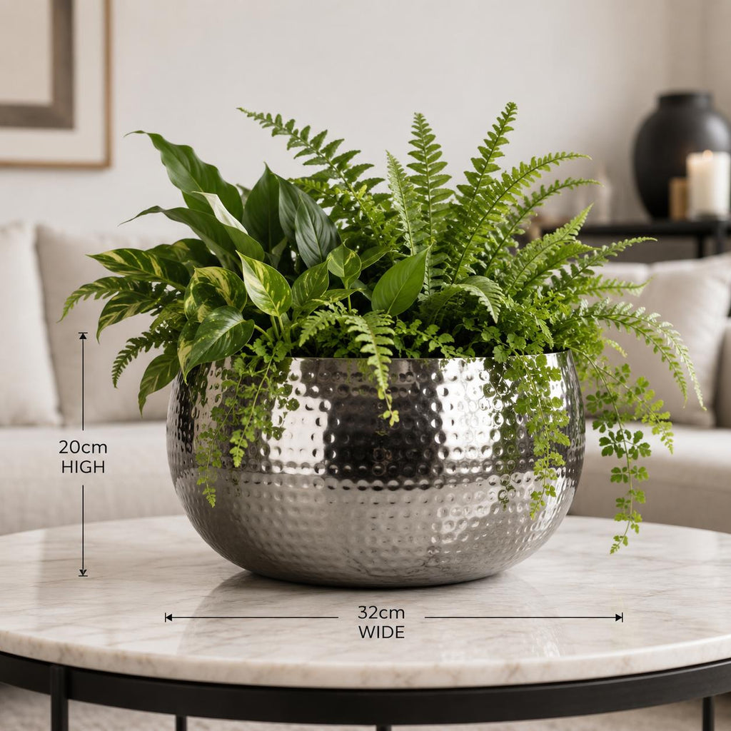 Leaf Metal Bowl Planter 32 x 20cm Hammered Silver Colour Straight Edge
