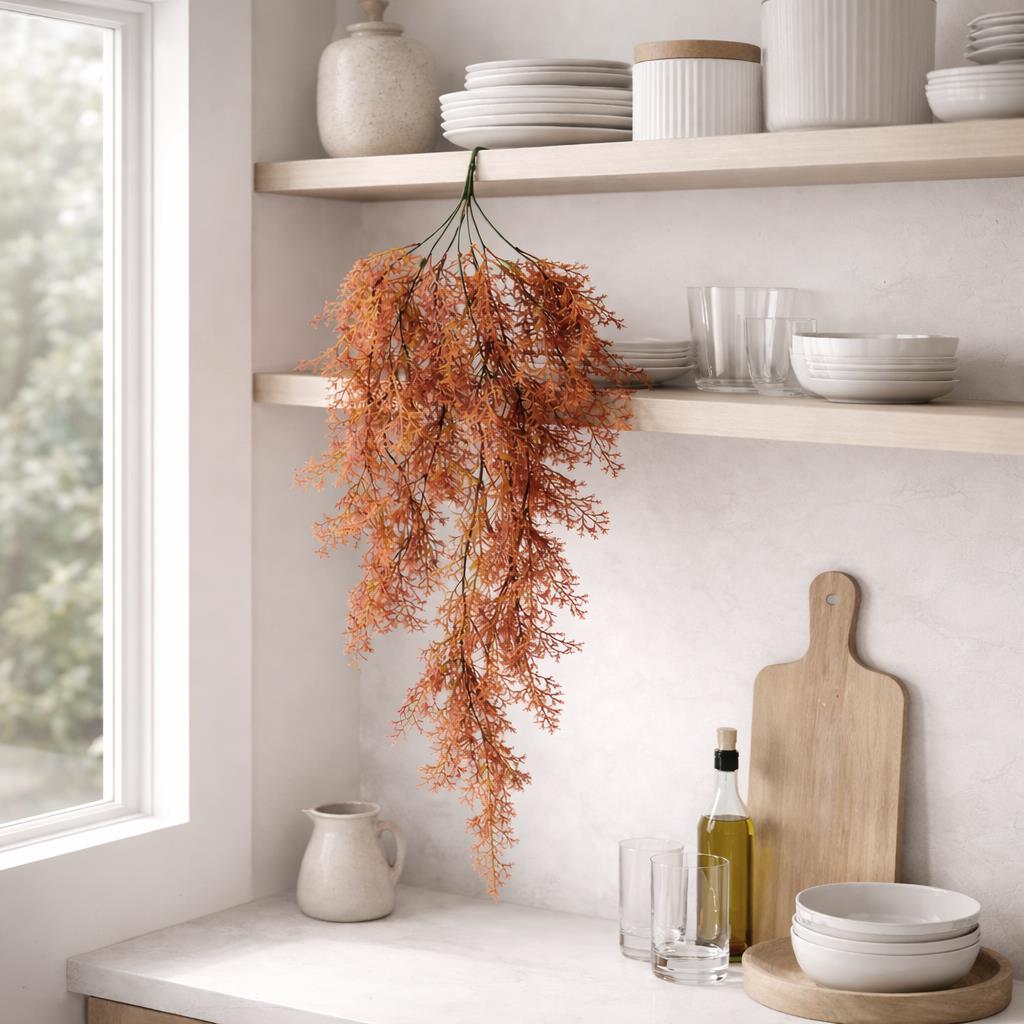 80cm Artificial Coral Fern Trailing Plant Autumn Orange Foliage