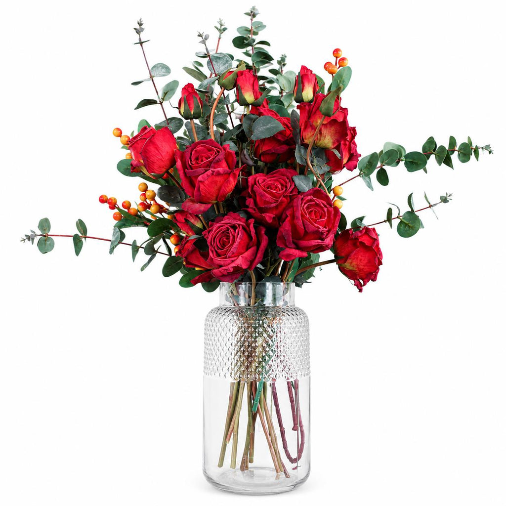 60cm Artificial Red Rose and Eucalyptus Glass Diamond Vase