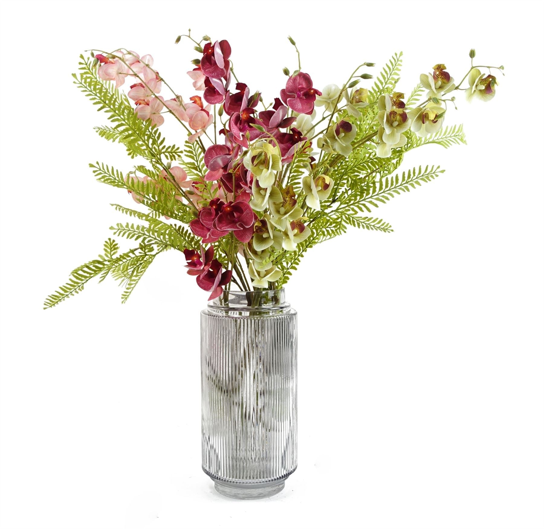 65cm Artificial Mixed Wild Orchid and Ferns Glass Vase