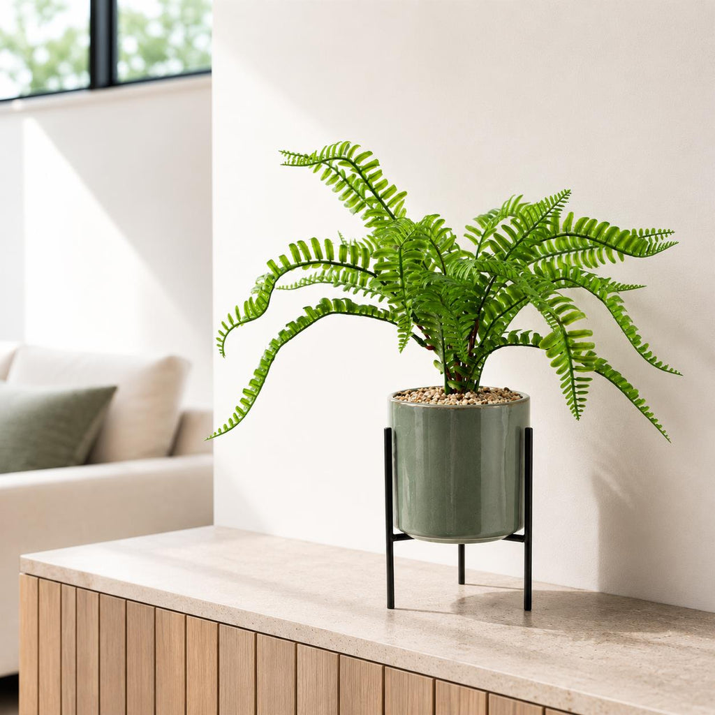 40cm Artificial Fern with Ceramic Planter Stand