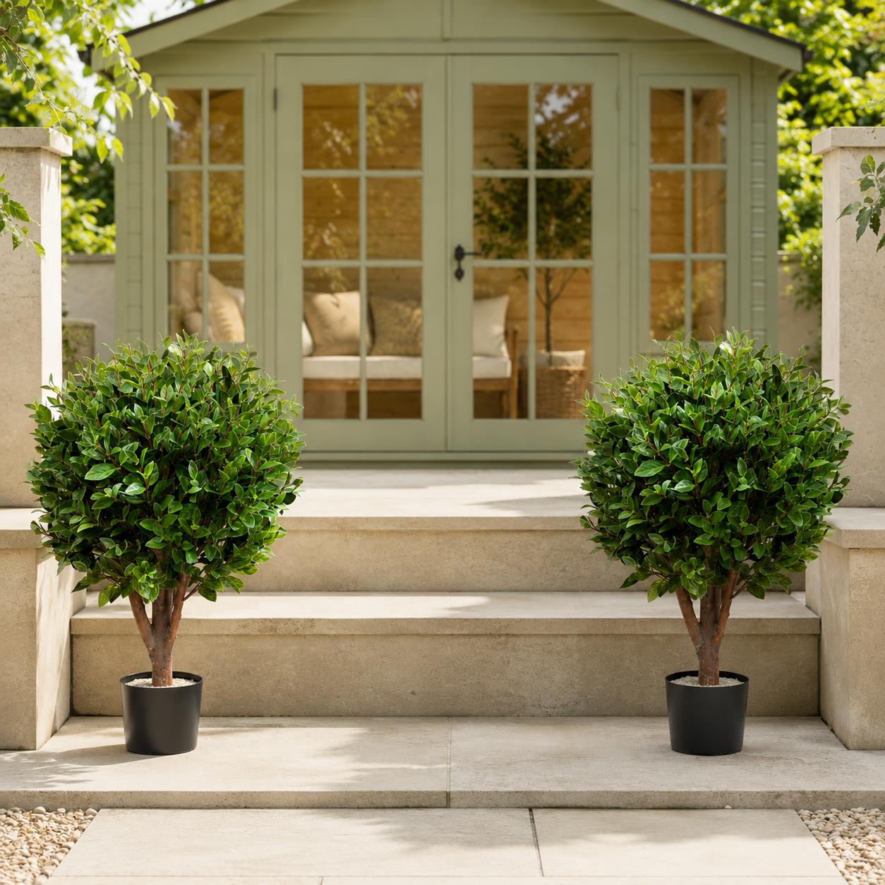 Artificial 90cm Pair of UV Resistant Gloxinia Ball Topiary and Trunk