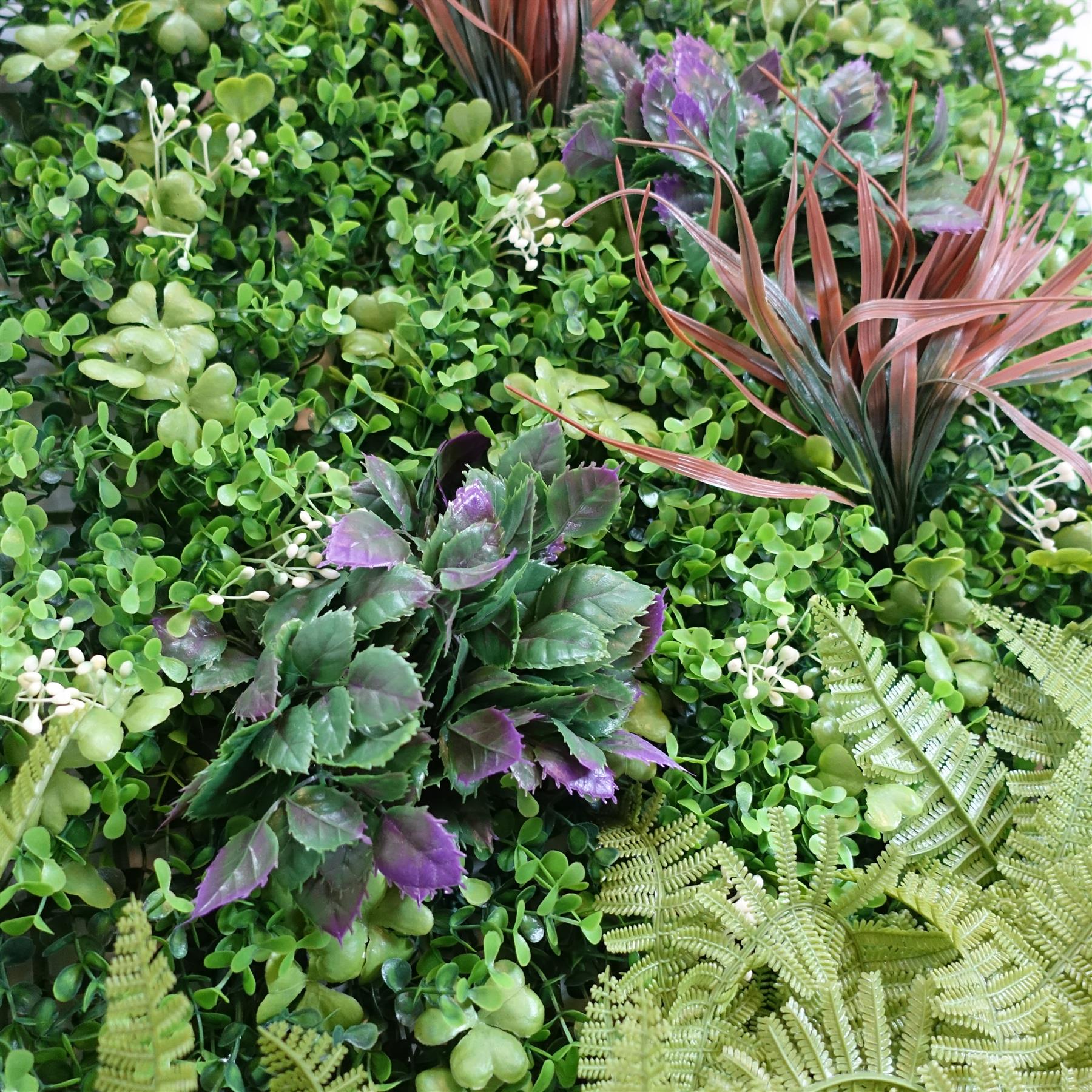100cm Artificial Fern Mixed Foliage Green Wall Panel Burgundy Grass