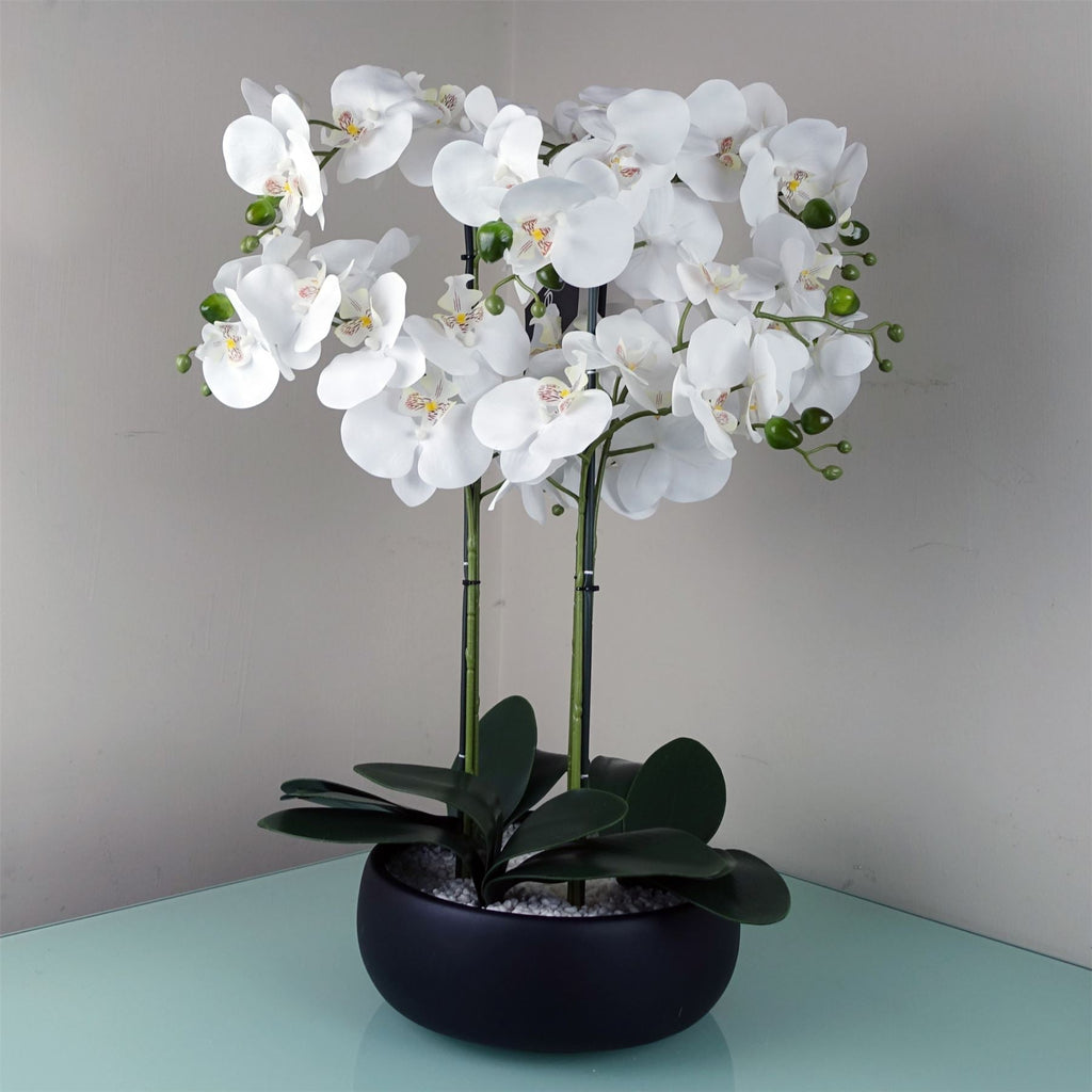 Artificial 60cm Orchid White Black Ceramic Planter