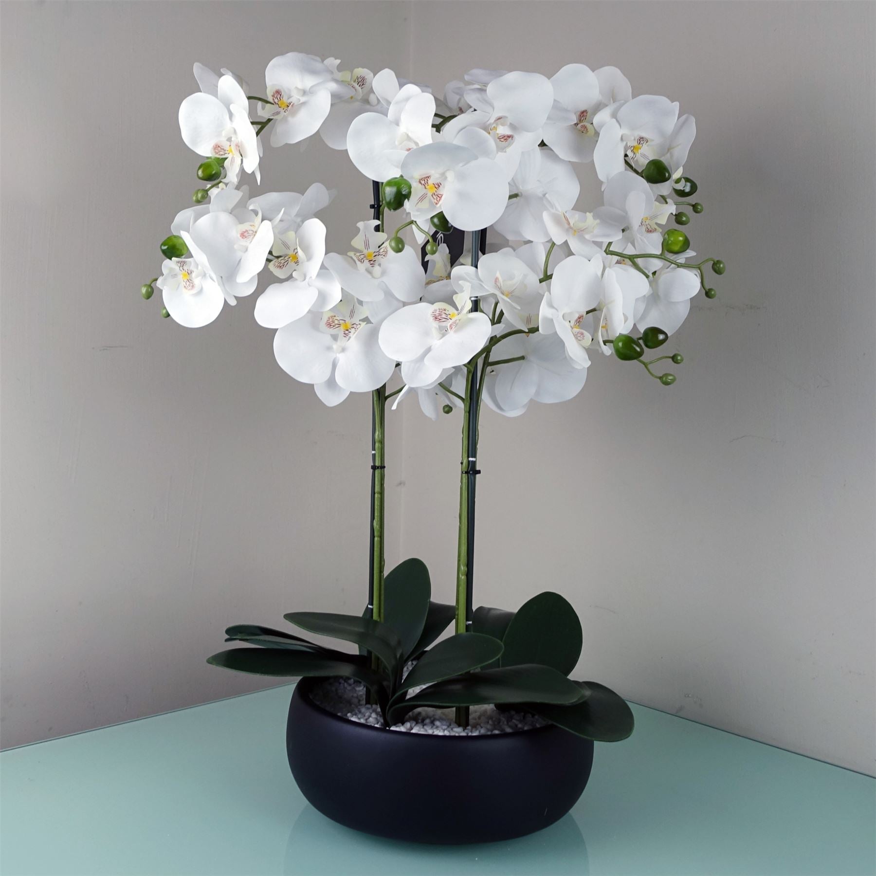 Artificial 60cm Orchid White Black Ceramic Planter