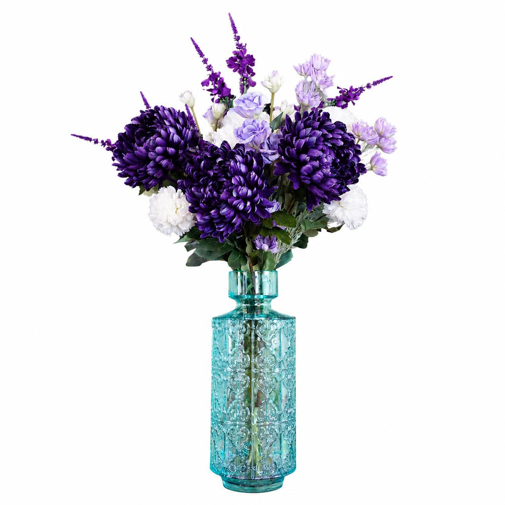80cm Artificial Purple Chrysanthemum Arrangement Glass Vase