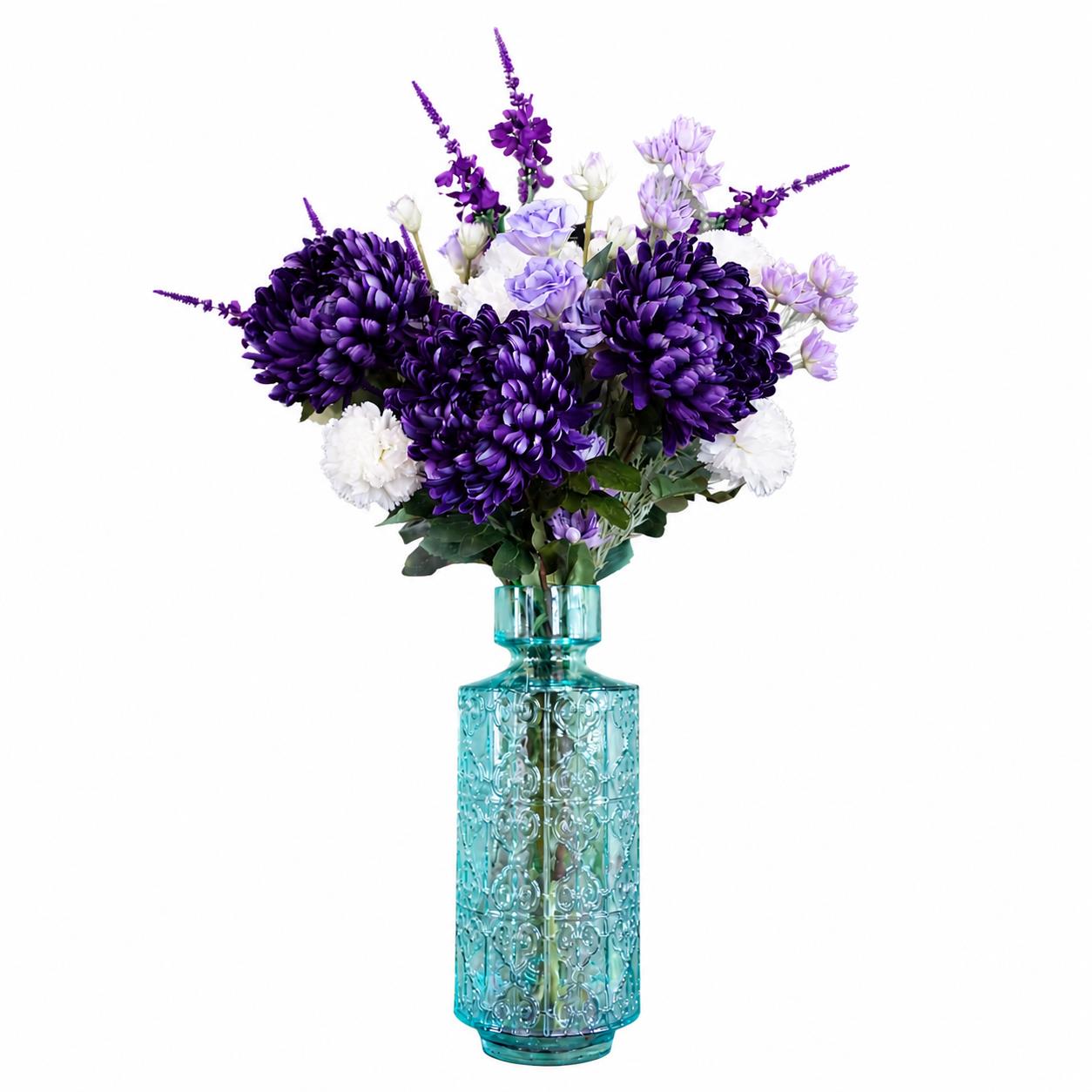 80cm Artificial Purple Chrysanthemum Arrangement Glass Vase