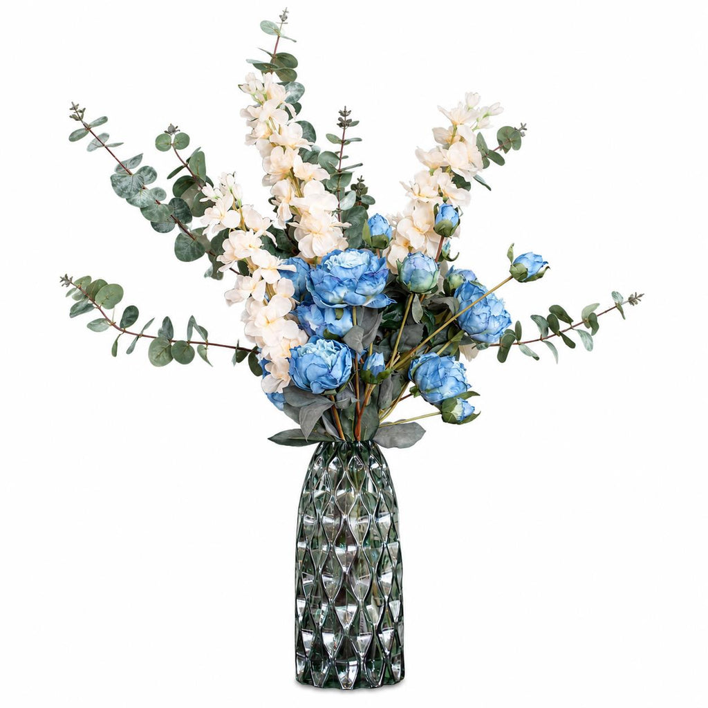 80cm Artificial Blue Peony White Delphinium Eucalyptus Glass Vase