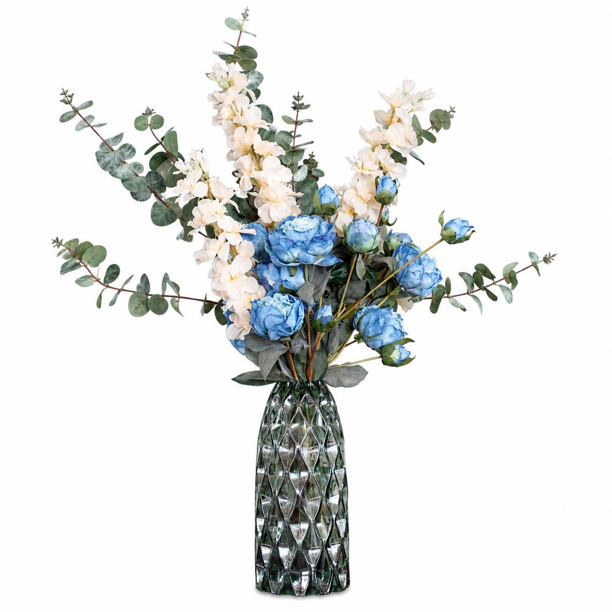 80cm Artificial Blue Peony White Delphinium Eucalyptus Glass Vase
