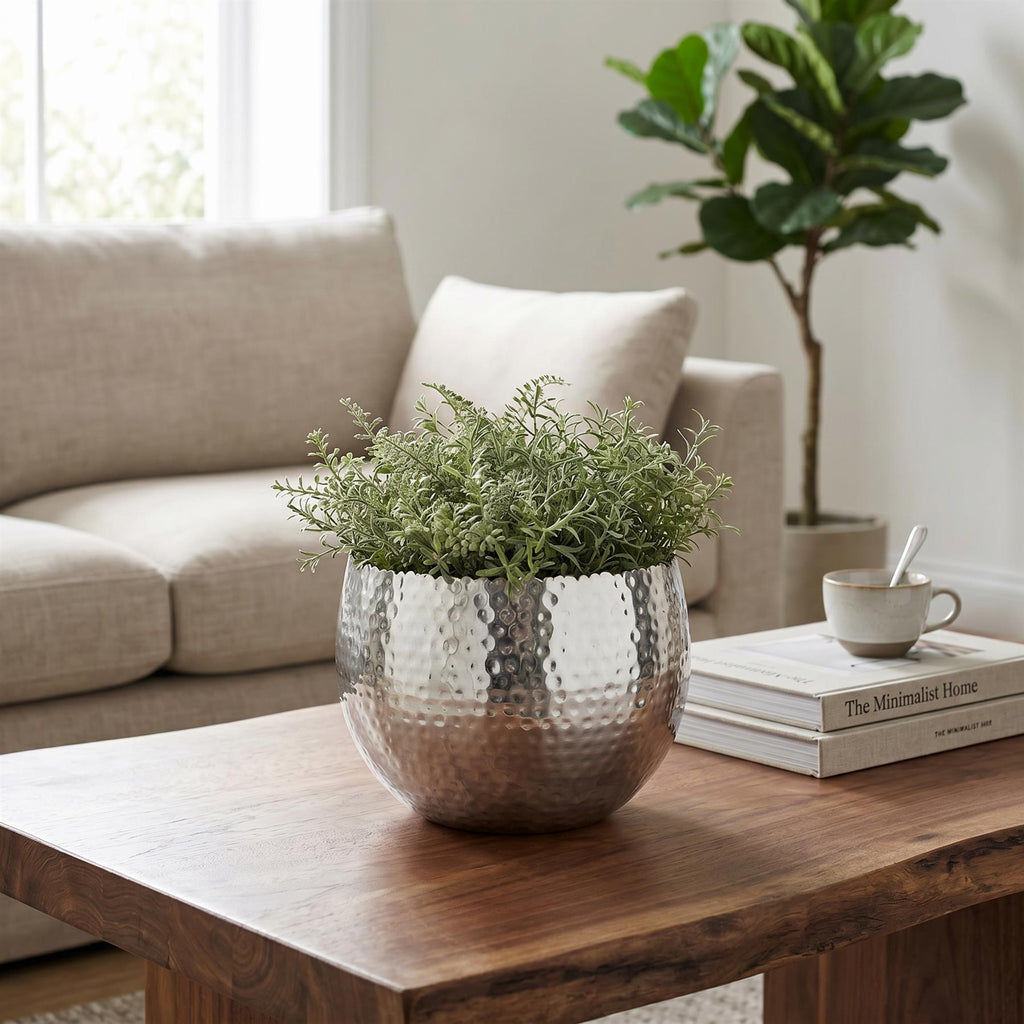 Leaf Large Planter 22 x 17cm Hammered Silver Colour Curvy Edge