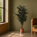 130cm Artificial Variegated White/Green Ficus Tree Copper Planter
