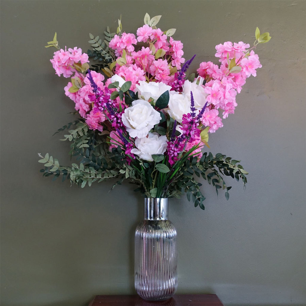 100cm Artificial Pink Blossom White Rose Arrangement Glass Vase