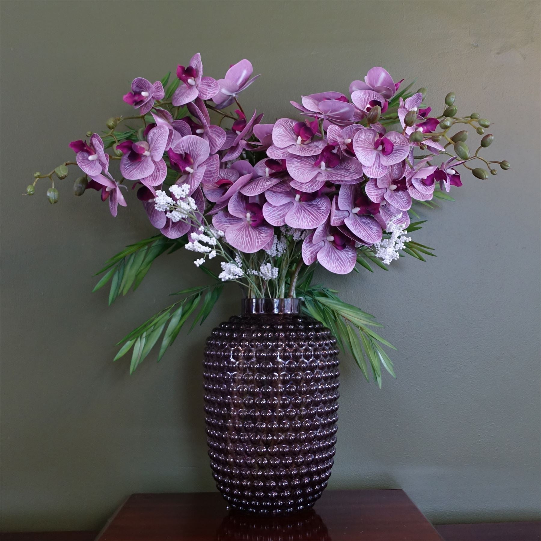 80cm Amethyst Vase Artificial Orchids and Foliage