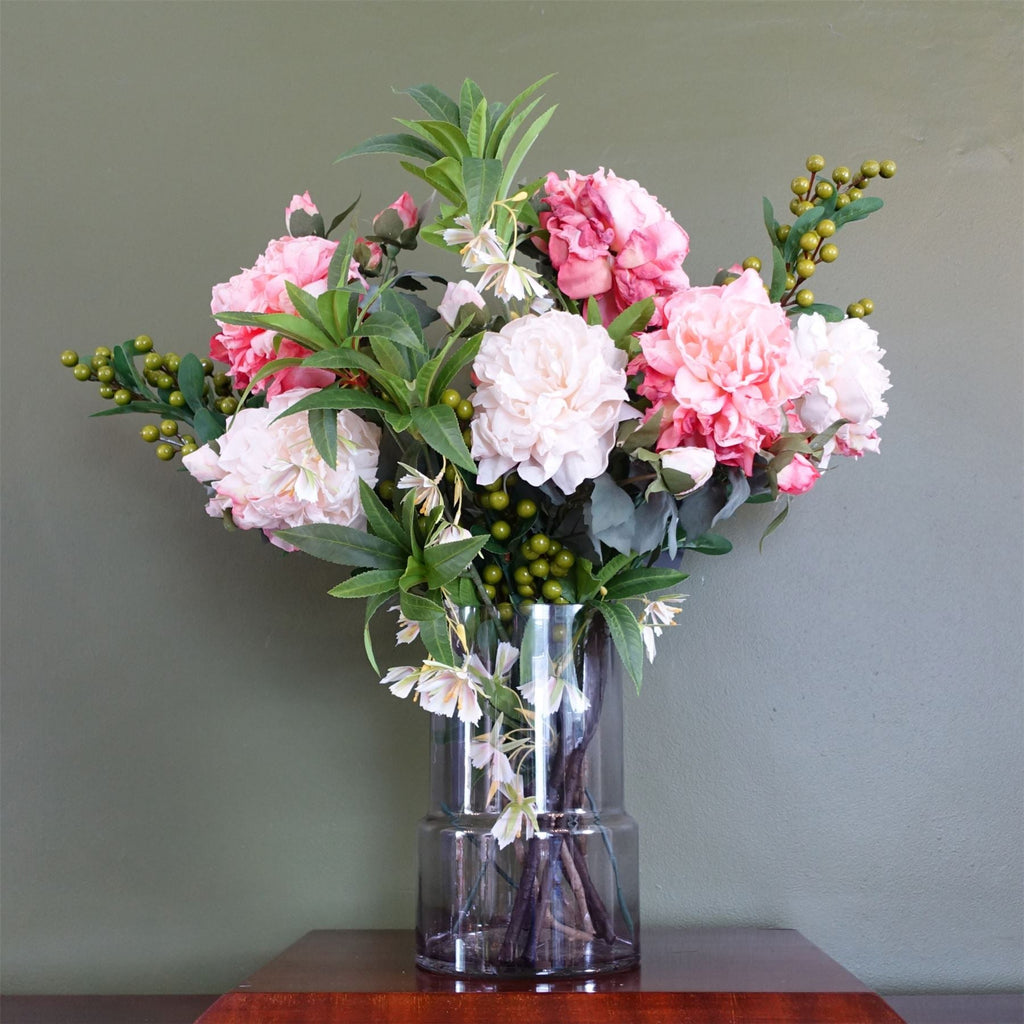 65cm Artificial Mixed Peonies Glass Vase