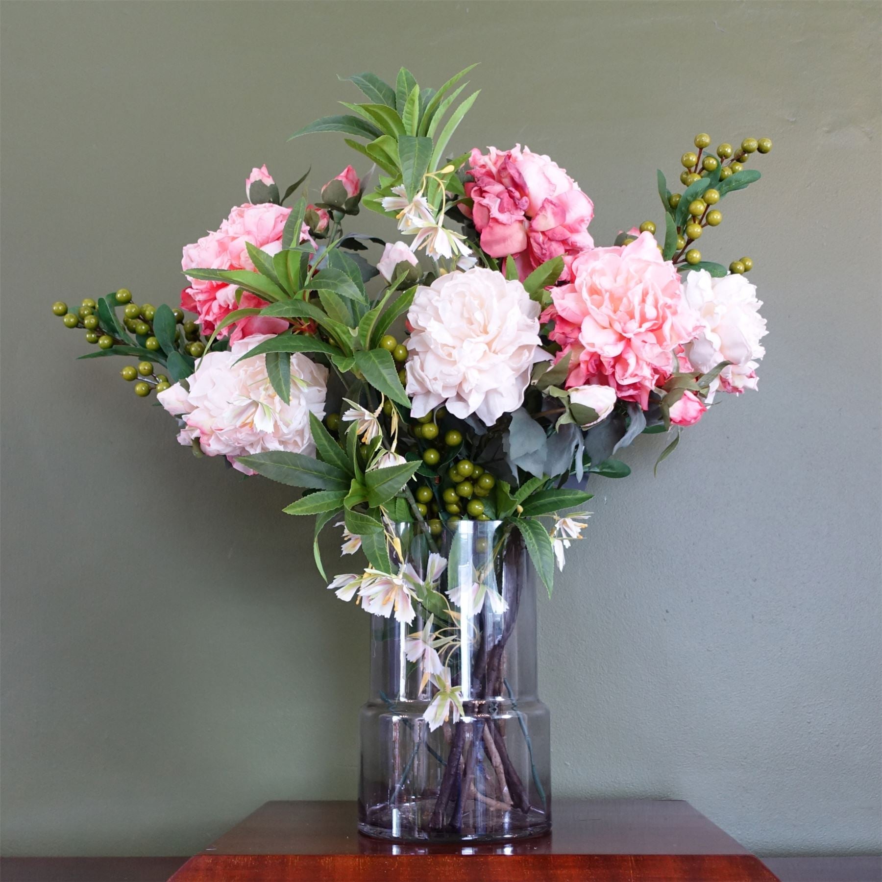 65cm Artificial Mixed Peonies Glass Vase
