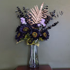80cm Artificial Purple Sunflower and Gold Leaf Display Glass Vase