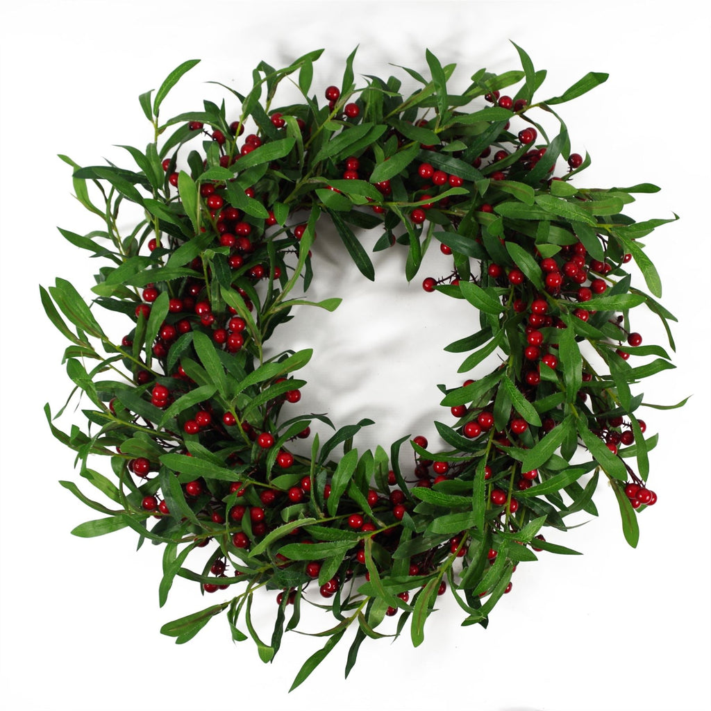 Artificial 60cm Christmas Mistletoe Leaf Red Berry Floristry Wreath