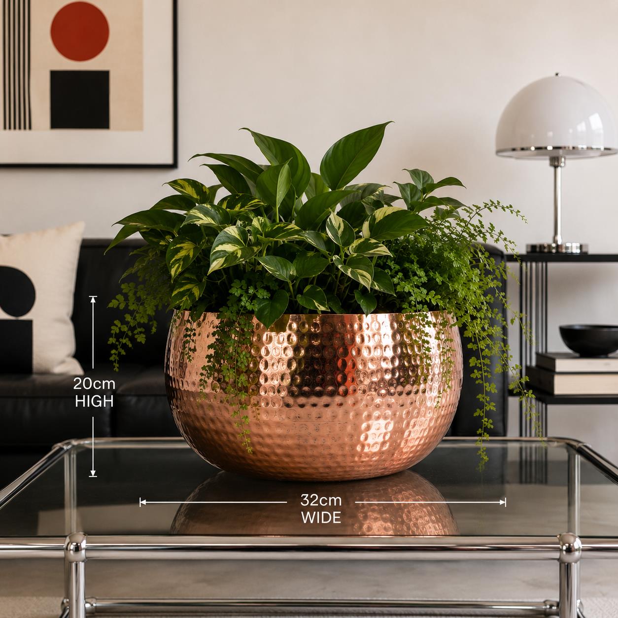 Leaf Metal Bowl Planter 32 x 20cm Hammered Copper Colour Straight Edge