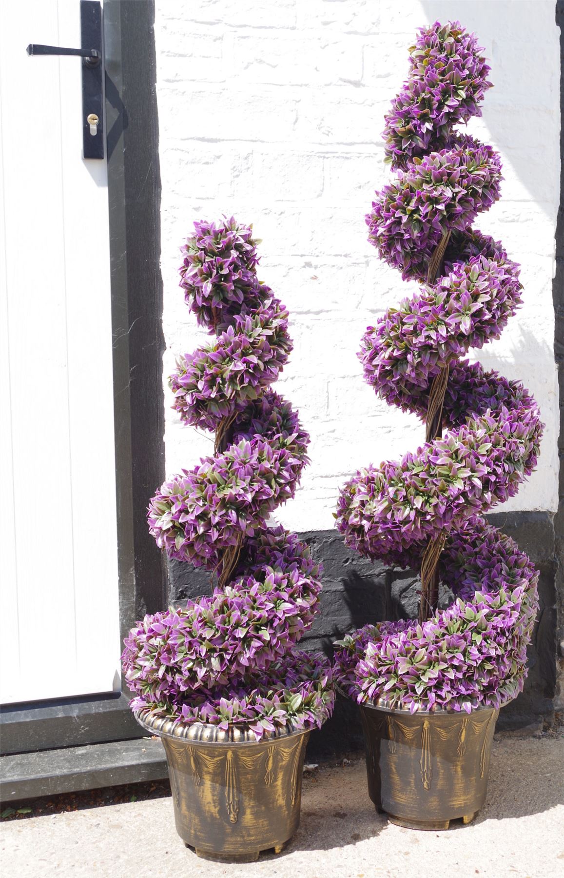 90cm Artificial Pair of Purple Leaf Spiral Topiary Trees with Planters