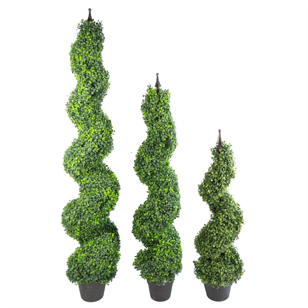 Pair of 120cm Tall Artificial Boxwood Tower Trees Topiary Spiral Metal