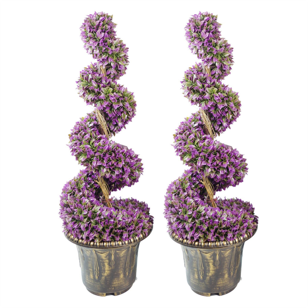 90cm Artificial Pair of Purple Leaf Spiral Topiary Trees with Planters