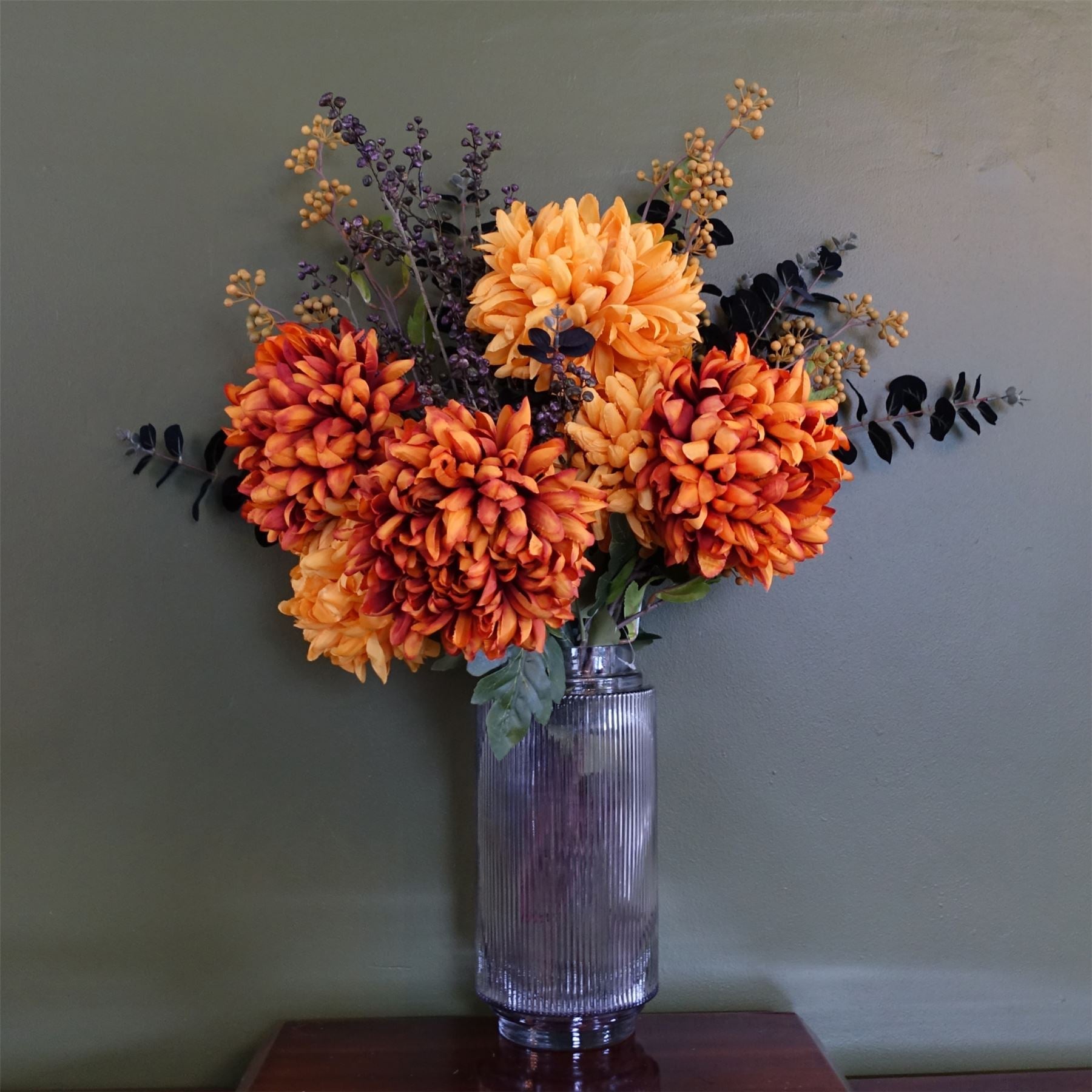 65cm Artificial Orange and Black Flower Arrangement Glass Vase