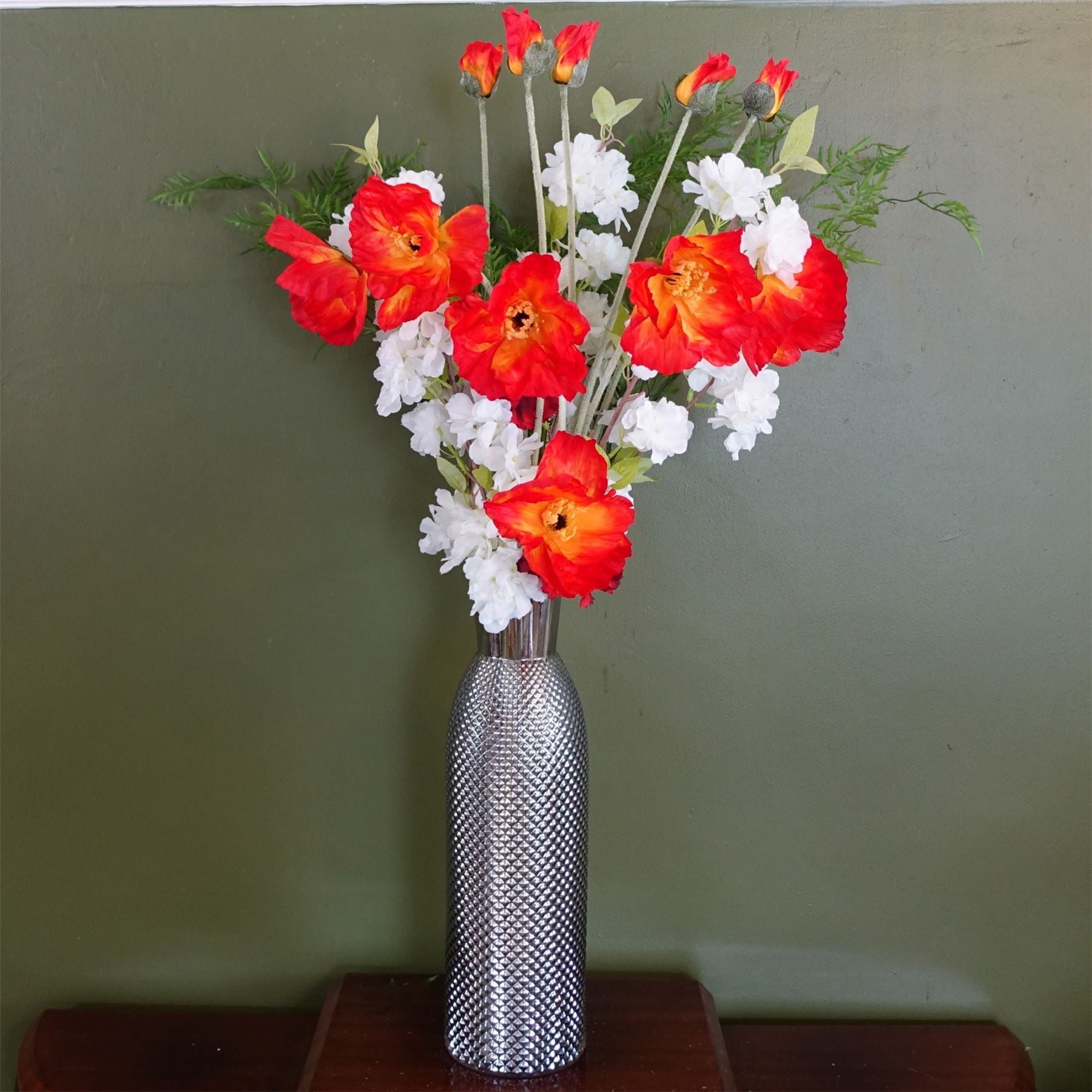 100cm Artificial Poppy and White Blossom Arrangement Glass Vase
