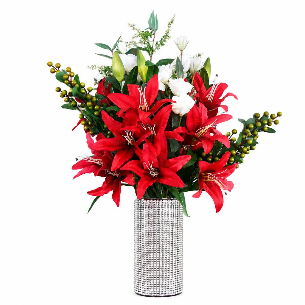 80cm Artificial Red Lily Arrangement Silver Glass Vase