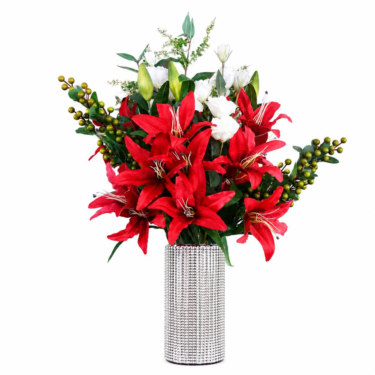 80cm Artificial Red Lily Arrangement Silver Glass Vase